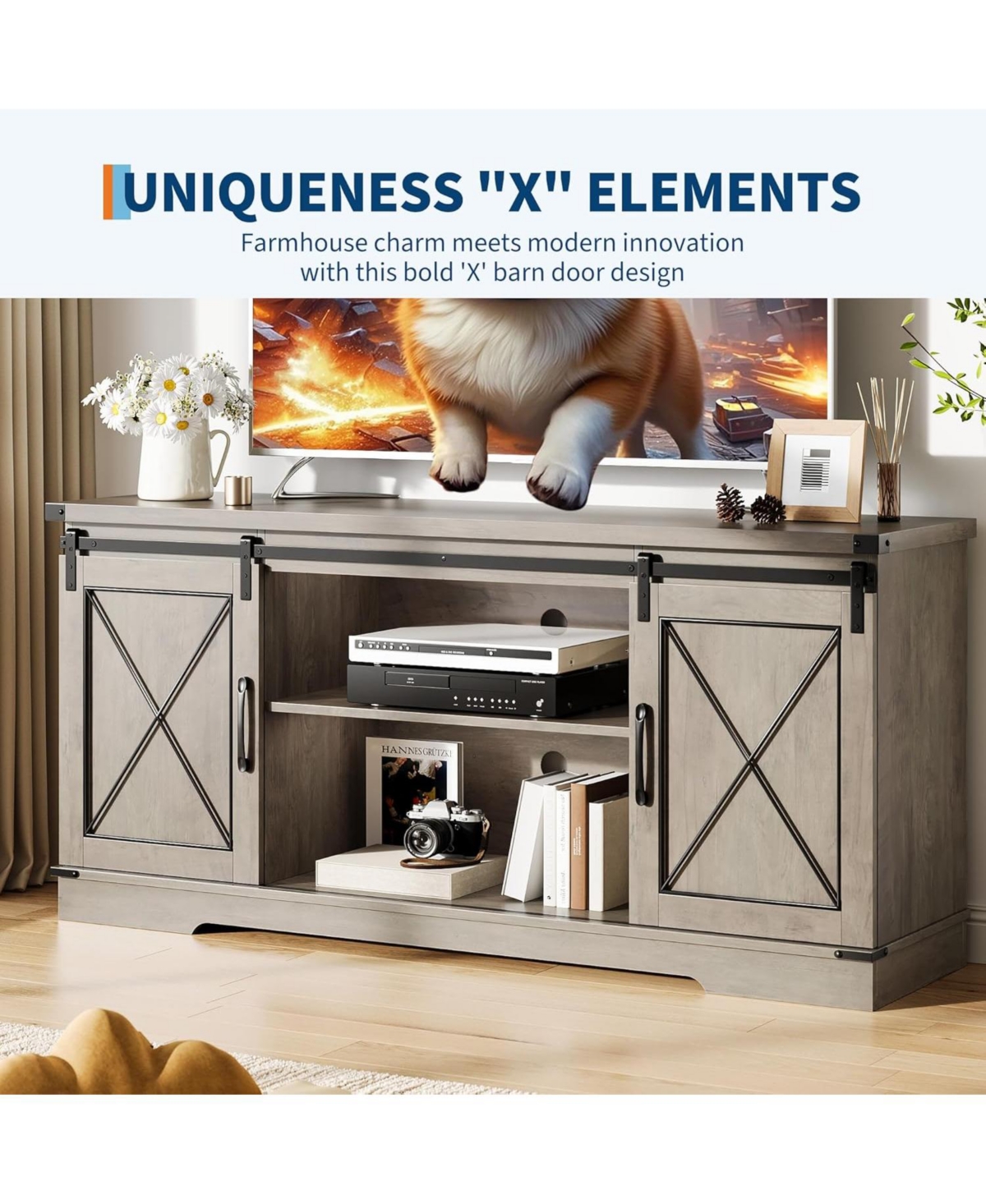 gaomon Farmhouse Tv Stand for up to 65 Inches, Entertainment Center with Sliding Barn Doors and Adjustable Shelf