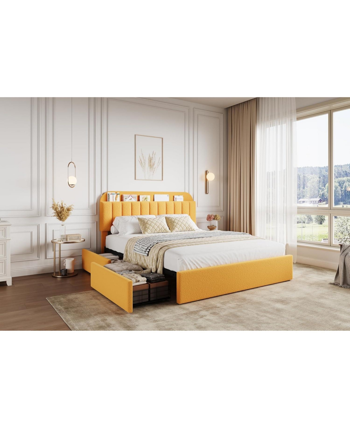 gaomon Bed Frame with Storage Headboard and 2 Drawers, Boucle Upholstered Platform Bed, Modern Frames for Rooms