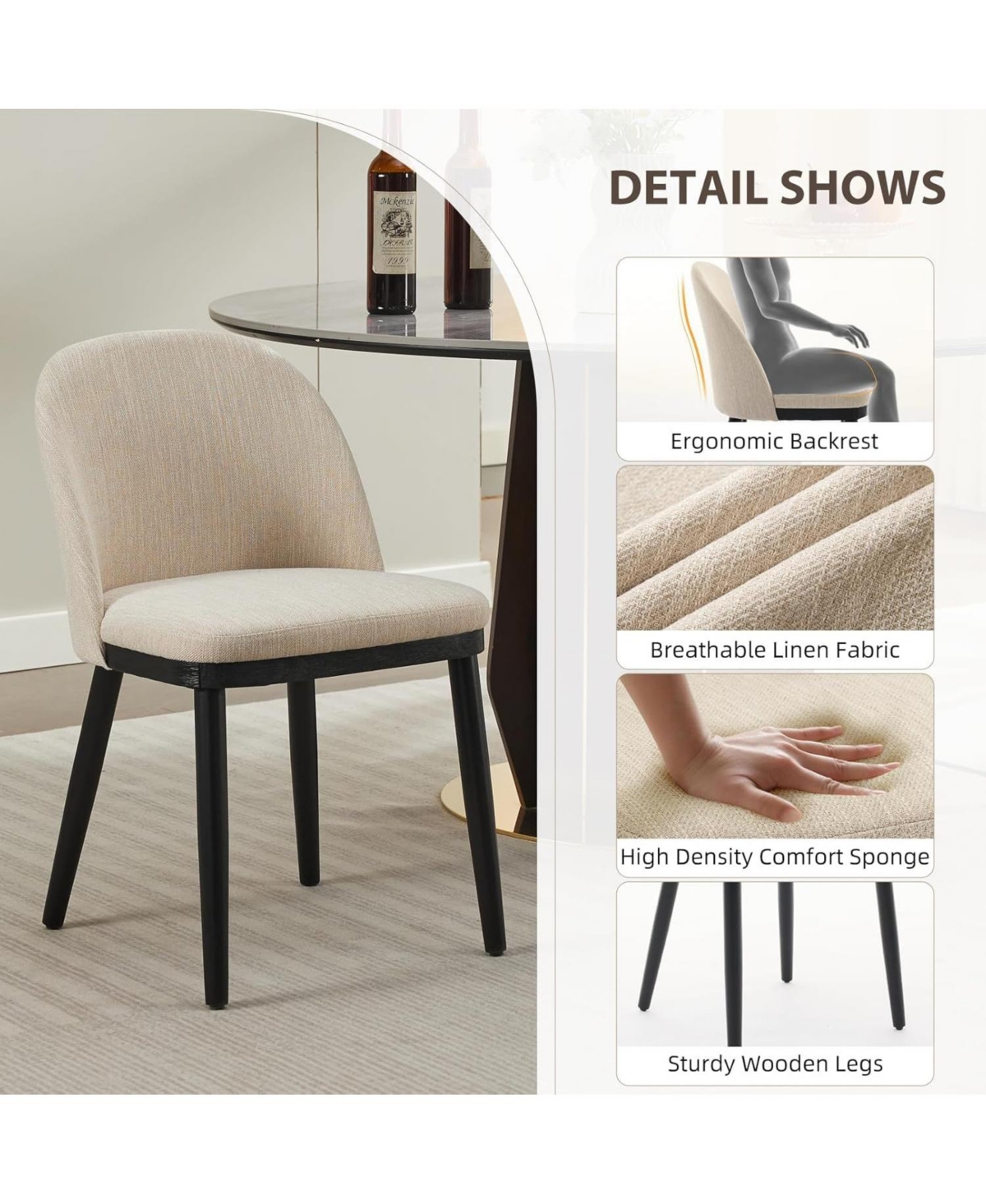 gaomon Upholstered Dining Chairs Set of 2,Modern Fabric Dinner with Wood Legs