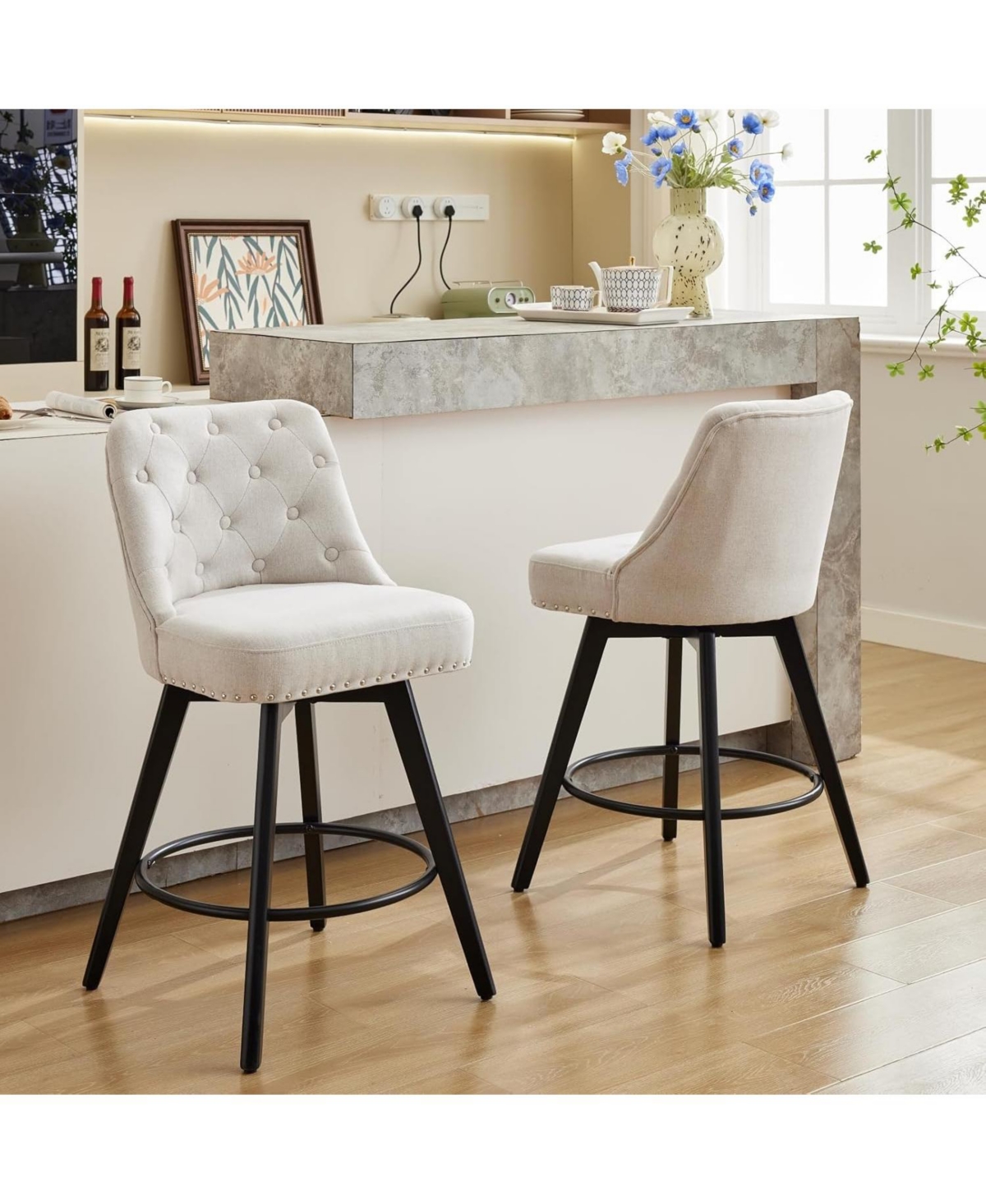 gaomon Bar Stools Set of 2, Modern Swivel Counter Height Bar Stools with Back and Wood Legs, Upholstered Barstools for Kitchen Island, 26" H Seat