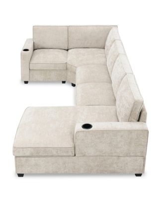 U-Shaped Sectional Sofa, 6 Seat Chenille Corner Couch with Cup Holders & Chaise
