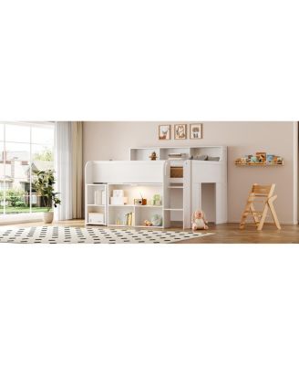  Wood Full Size Loft bed with Multiple Storage Shelves, Desk and LED