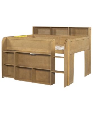  Wood Full Size Loft bed with Multiple Storage Shelves, Desk and LED