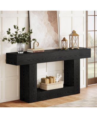 63-Inch Farmhouse Wood Console Table with U-Shaped Base, 2-Tier Narrow Sofa Table for Entryway & Living Room