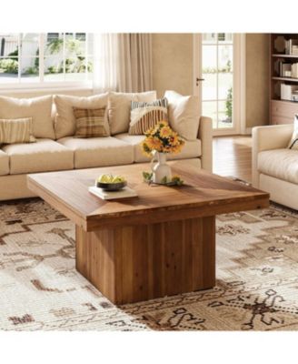 Solid Wood Coffee Table for Living Room, 35.43" Mid Century Modern Square Center Cocktail Table, Farmhouse Accent Tea Cocktail