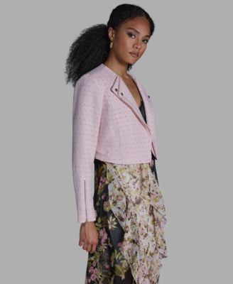 Women's Crewneck Textured Cropped Moto Jacket