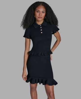 Women's Ruffle Hem Short-Sleeve Polo Sweater