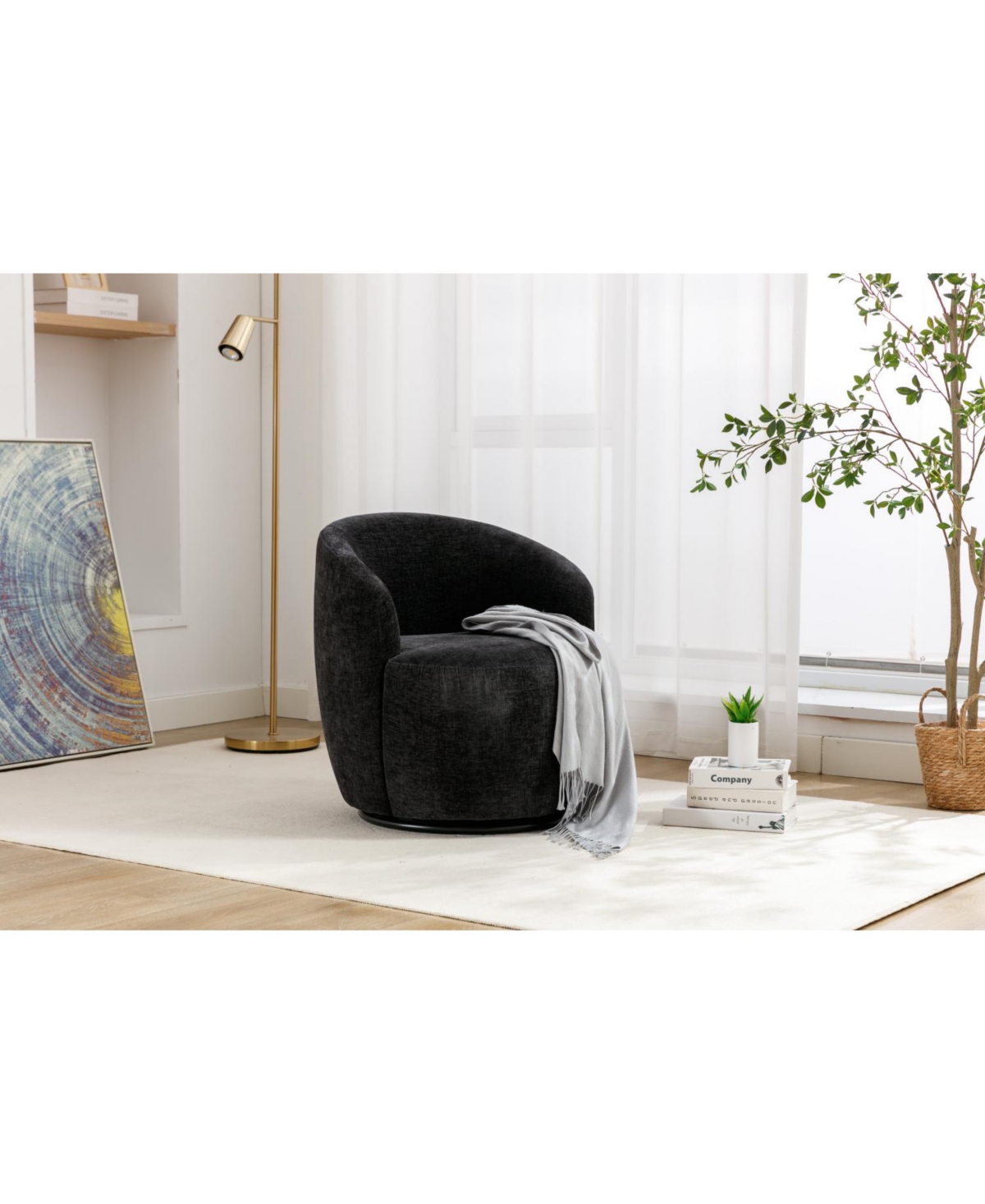 Streamdale Furniture Chenille Fabric Swivel Accent Armchair Barrel Chair With Black Powder Coating Metal Ring