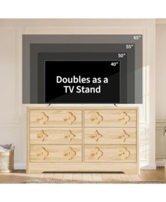 Rattan 6-Drawer Dresser for Bedroom, 47" Wide Wooden Chest with Large Storage, Beige