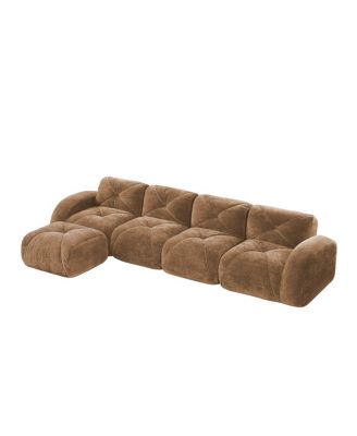 L-shaped Velvet Tufted Sofa with Movable Ottoman, Camel