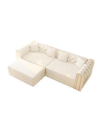 Elegant 3-in-1 Convertible Sleeper Sofa with Gold Trim, Beige/White