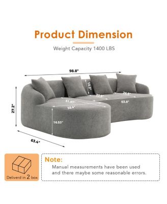 Boneless L-Shape Sectional Sofa with Curved Chaise, Gray Modular Chenille Compression Couch