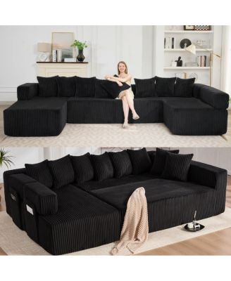 146" U-Shaped Convertible Sleeper Sectional Sofa, 5 Seats, 8 Pillows
