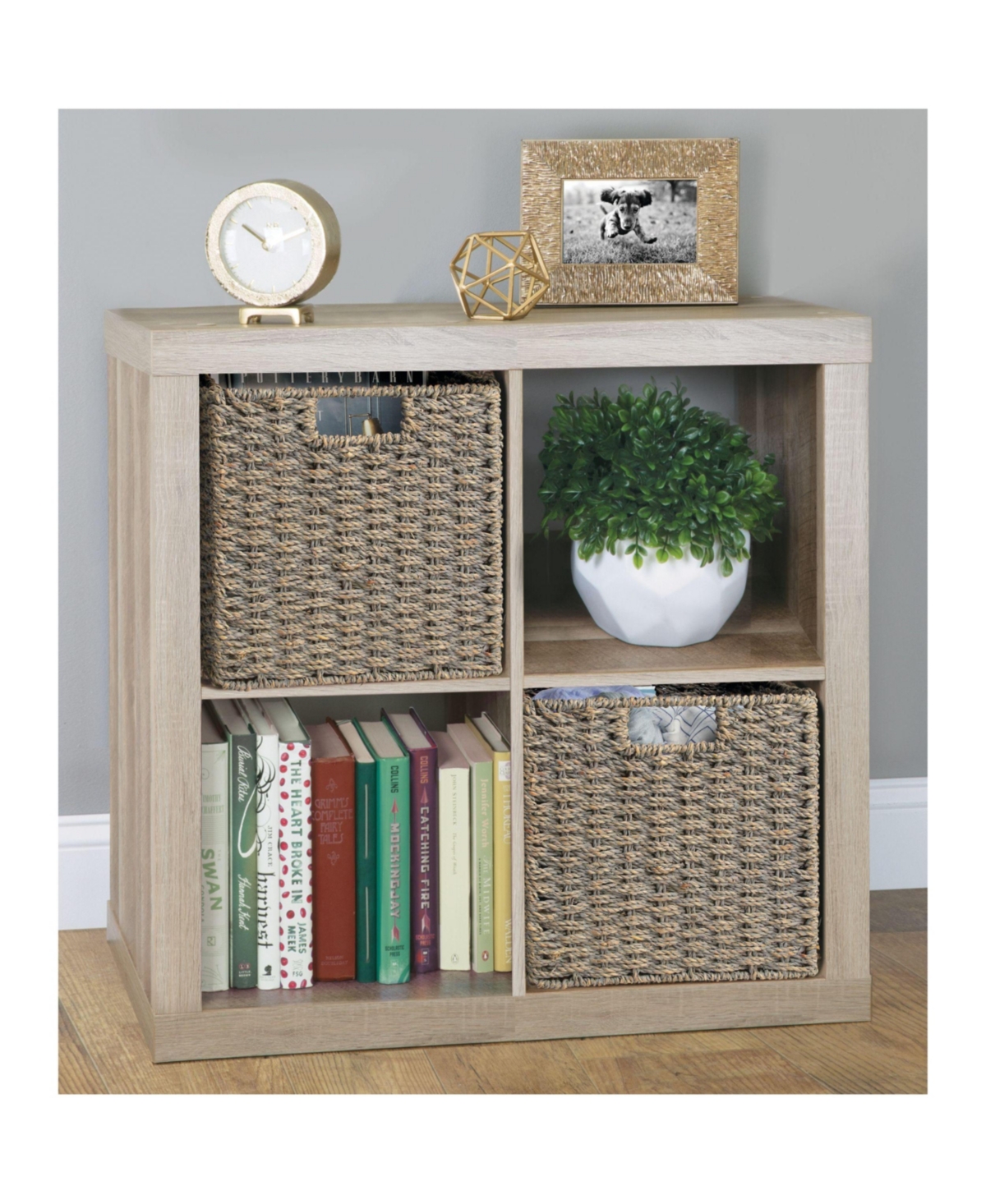 mDesign Seagrass Woven Cube Bin Basket Organizer, Handles, 4 Pack - Gray Wash