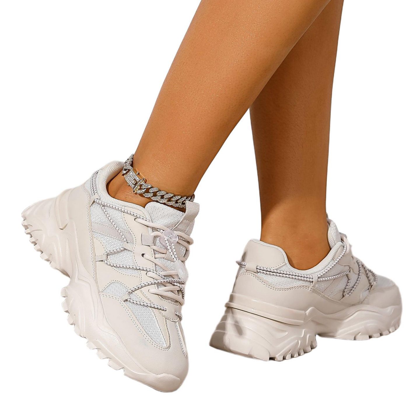 Женские кроссовки BERNESS Branch Mixed Material Lace-Up, цвет: Бежевый — фото 3
