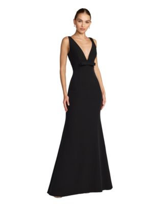 Women's Crepe Sleeveless V Neck Sheath Gown With Bow