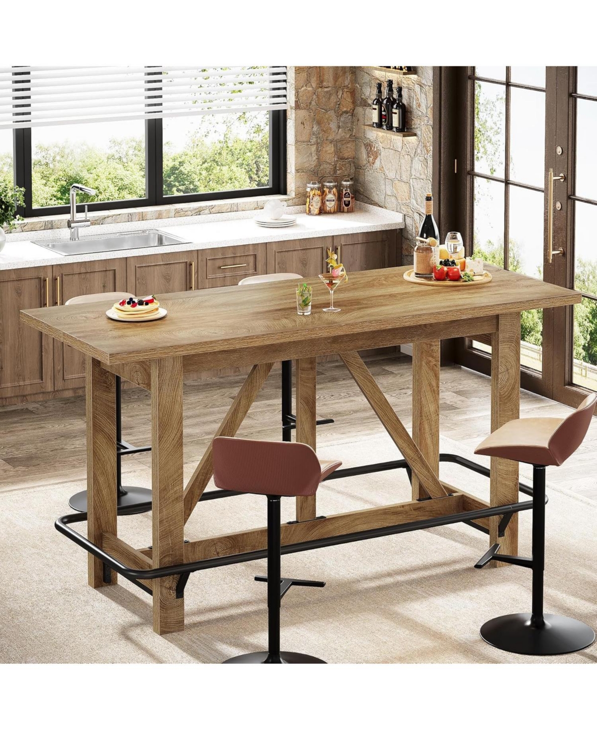 Tribesigns 63" Bar Table, Long Counter Height Pub Dining Table with Footrest, Home Bar Furniture for Bar, Kitchen & Dining Room, Living Room