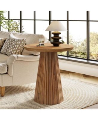  Solid Wood End Table, 19" Small Round Pedestal Side Table with Fluted Base, Farmhouse Bedside Table for Living Room, Small Space