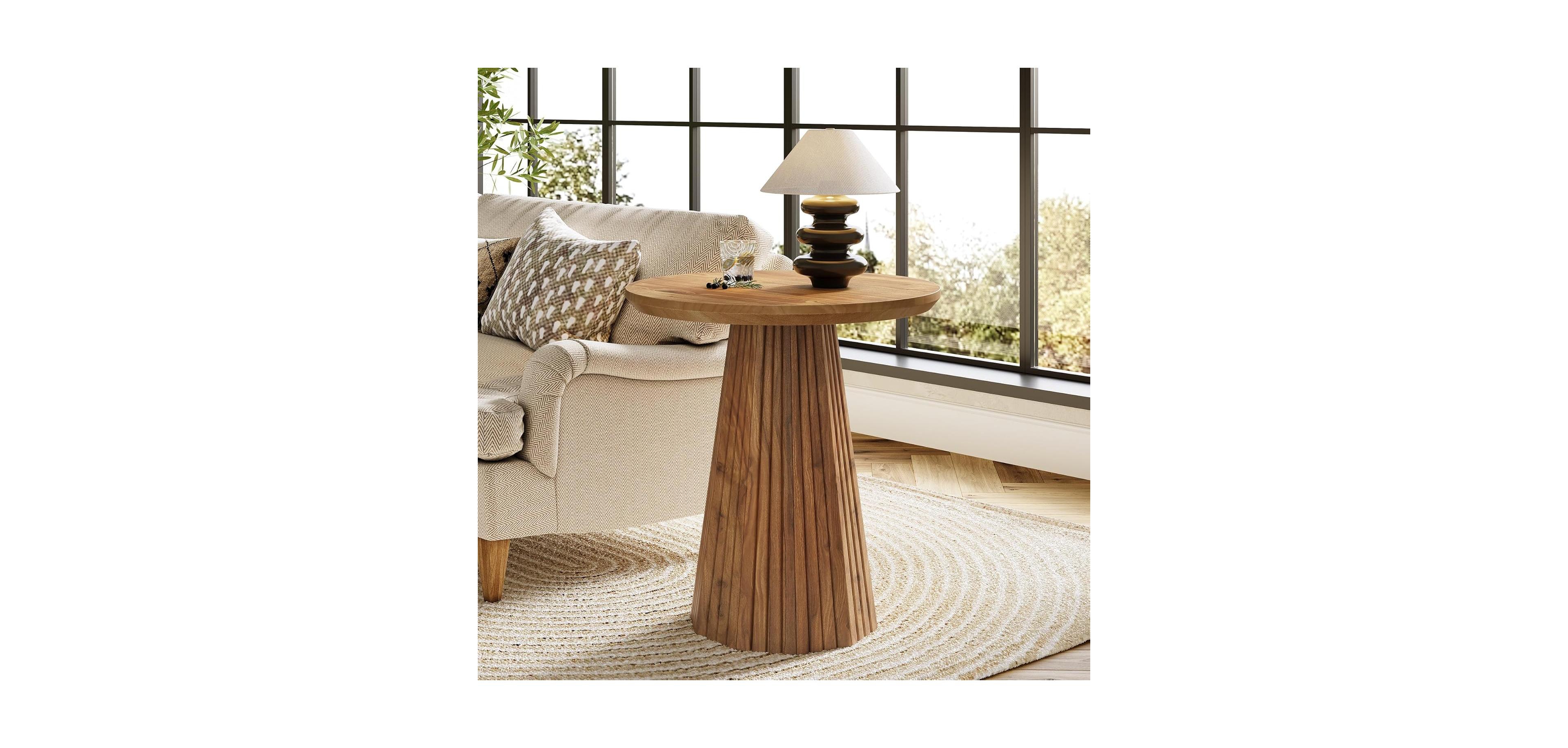Tribesigns Solid Wood End Table, 19" Small Round Pedestal Side Table with Fluted Base, Farmhouse Bedside Table for Living Room, Small Space