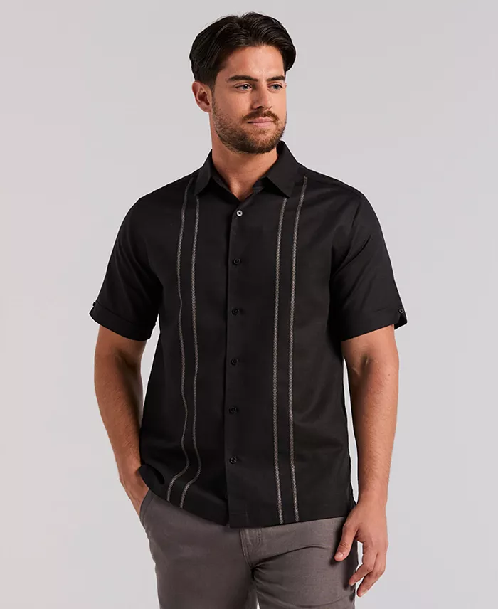 Men's Short-Sleeve Panel Button-Front Linen Camp Shirt
