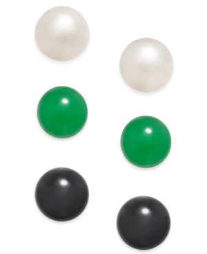 image of 3 Pc. Set Cultured Freshwater Pearl (8mm), Onyx (8mm) and Green Quartz (8mm) Stud Earrings in Sterling Silver