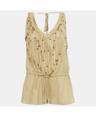Women's Pre-Owned D&g Khaki Cotton & Suede Fringe Detail Sleeveless Top