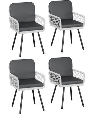 Patio Dining Chairs Set of 4 with Black Metal Frame & White Hand-Woven Rattan, Porch Armchairs with Cushion for Indoor, Garden, Balcony, Deck