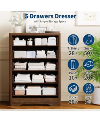 Rattan 5-Drawer Dresser for Bedroom, 45" Tall Wooden Chest with Large Storage