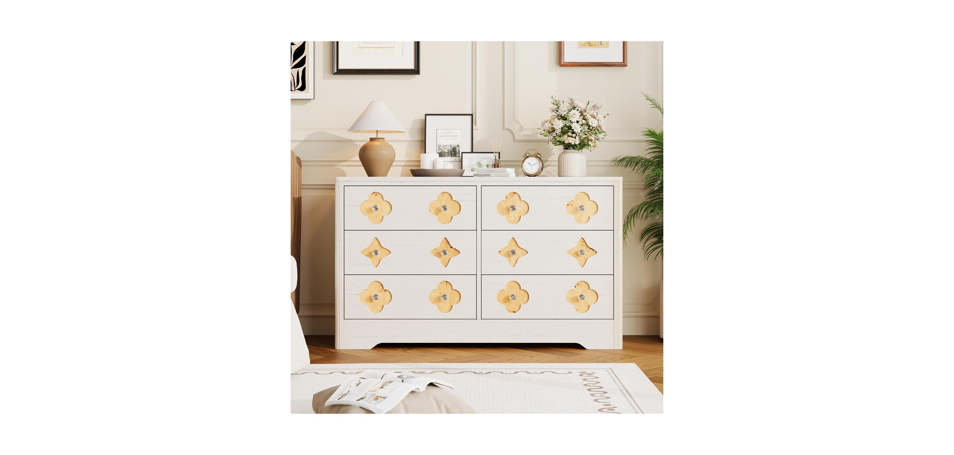 gaomon Fluted 6-Drawer Dresser for Bedroom, 47.4" Wide Wooden Chest with Large Storage & Tv Stand Use, White