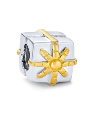 Two Tone Ribbon Bow Gift Box Birthday Present Charm Bead Gold Plated .925 Sterling Silver Fit European Bracelet