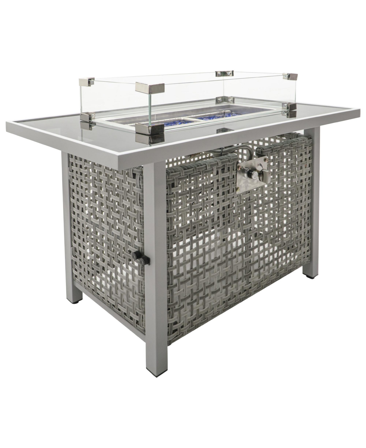 Flynama K&K 43 Inch Propane Gas Fire Pit Table 60000 Btu Rectangular Open Weave Wicker with Glass Wind Guard for Outdoor Patio Garden