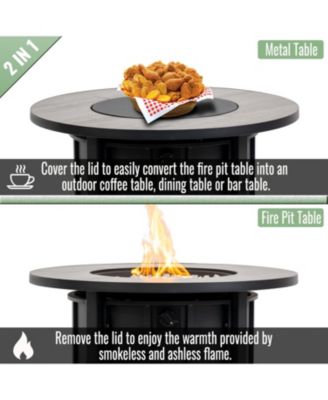 30 Inch Propane Gas Fire Pit Table 50000 BTU Round Steel with Wood Grain Ceramic Tabletop Black for Outdoor Patio Garden