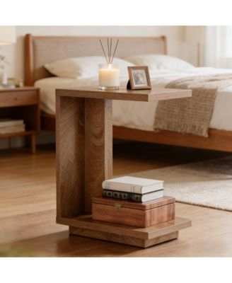 Modern Slatted C-Shaped Bedside Table, Space-Saving Side Table with 2 Open Shelves