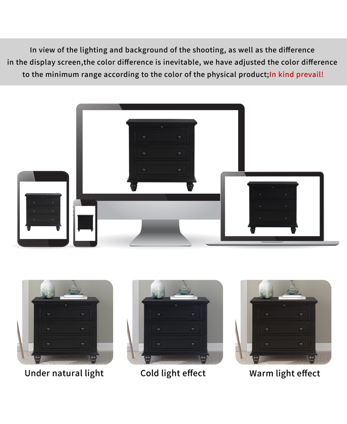 Cesicia 3-Drawer Solid Wood Nightstand with Pull-Out Tray