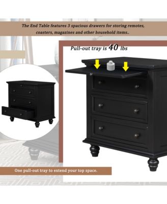 28'' Wood Nightstand, Bedside Cabinet with 3 Storage Drawers and Pull-out Tray, Bedside Accent Table for Bedroom and Office (Black)