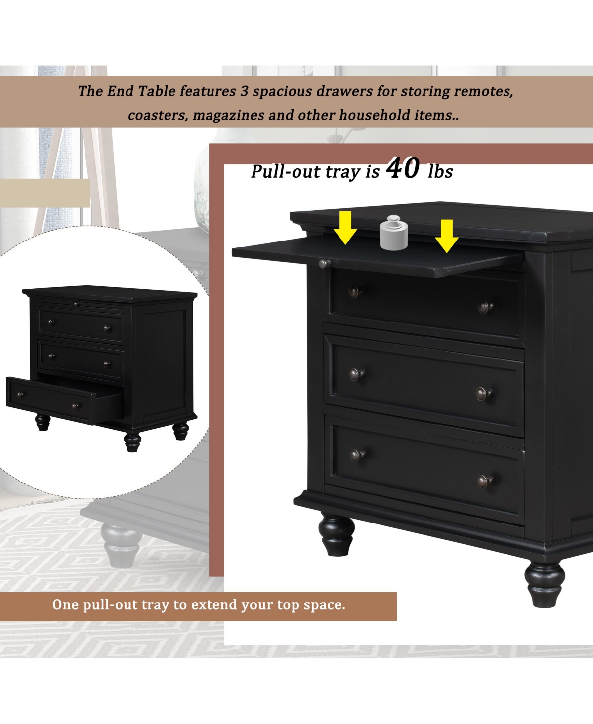 Rainsken 28'' Wood Nightstand, Bedside Cabinet with 3 Storage Drawers and Pull-out Tray