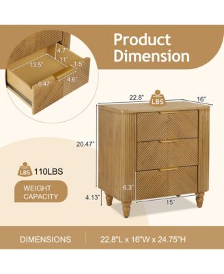 Mid-Century Fluted Nightstand with 3 Storage Drawers, Wood Bedside End Table with Curved Profile & Metal Handle for Bedroom, Living Room