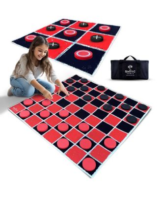 2-in-1 Vintage Giant Checkers & Tic Tac Toe Game W/ Mat - 100% Machine-Washable Canvas With Big Foam Discs - Giant Games