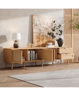 70" Modern TV Stand with Rattan Doors & Storage for Living Room