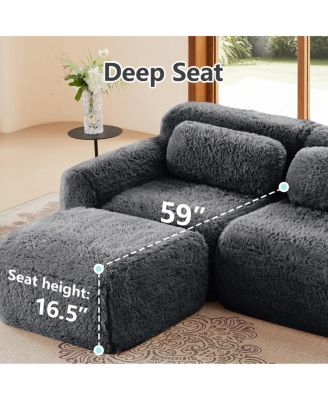 3-Seater Plush Fabric Sofa with Movable Ottoman, No Assembly Required, Dark Gray