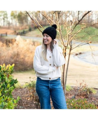 Women's Cable Knit Pom-Pom Beanie - Black