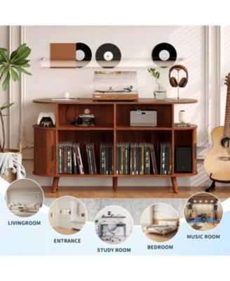 55" Fluted Mid-Century Modern Turntable Cabinet with Vinyl Storage & Round Record Stand