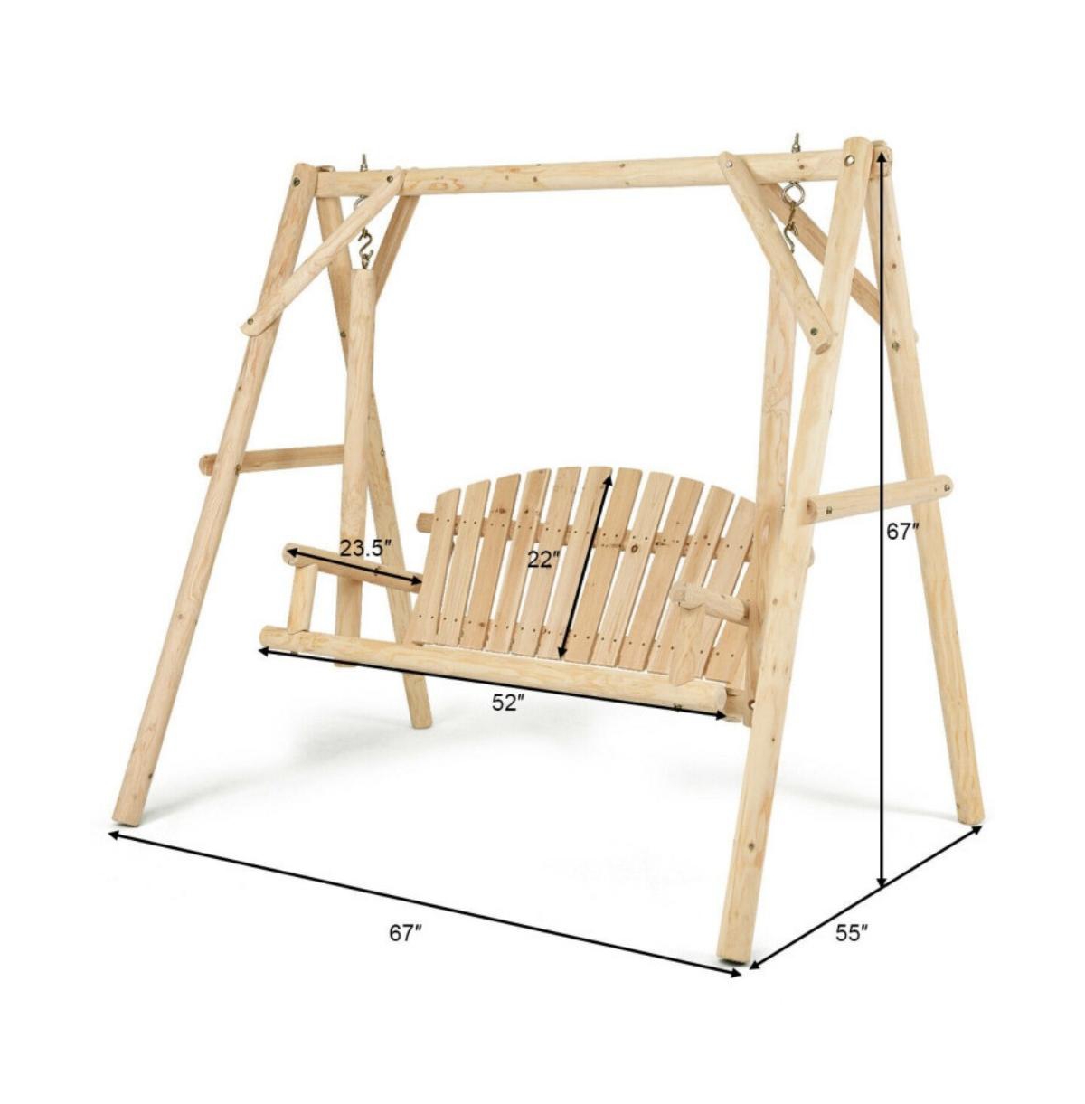 Outdoor Wooden Porch Bench Swing Chair with Rustic Curved Back