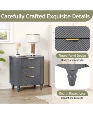 Mid-Century Fluted Nightstand with 3 Storage Drawers, Wood Bedside End Table with Curved Profile & Metal Handle for Bedroom, Living Room