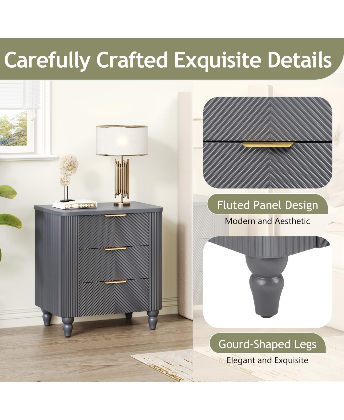 Rainsken Mid-Century Fluted Nightstand with 3 Storage Drawers, Wood Bedside End Table with Curved Profile & Metal Handle for Bedroom