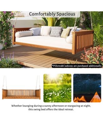 Patio Minimalist Twin Size Garden Swing Bed,Wood Porch Swing with Ropes