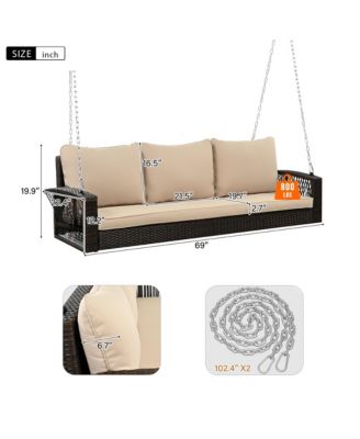 69" PE Wicker 3-Person Porch Swing with Cushions