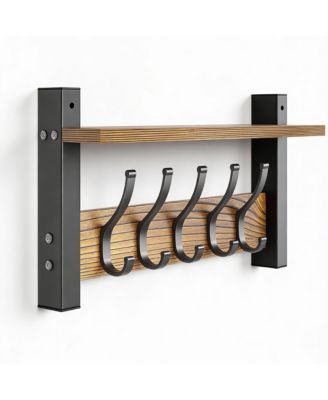 5-Hook Wall Rack with Shelf, Vintage Brown, Space-Saving, Easy DIY
