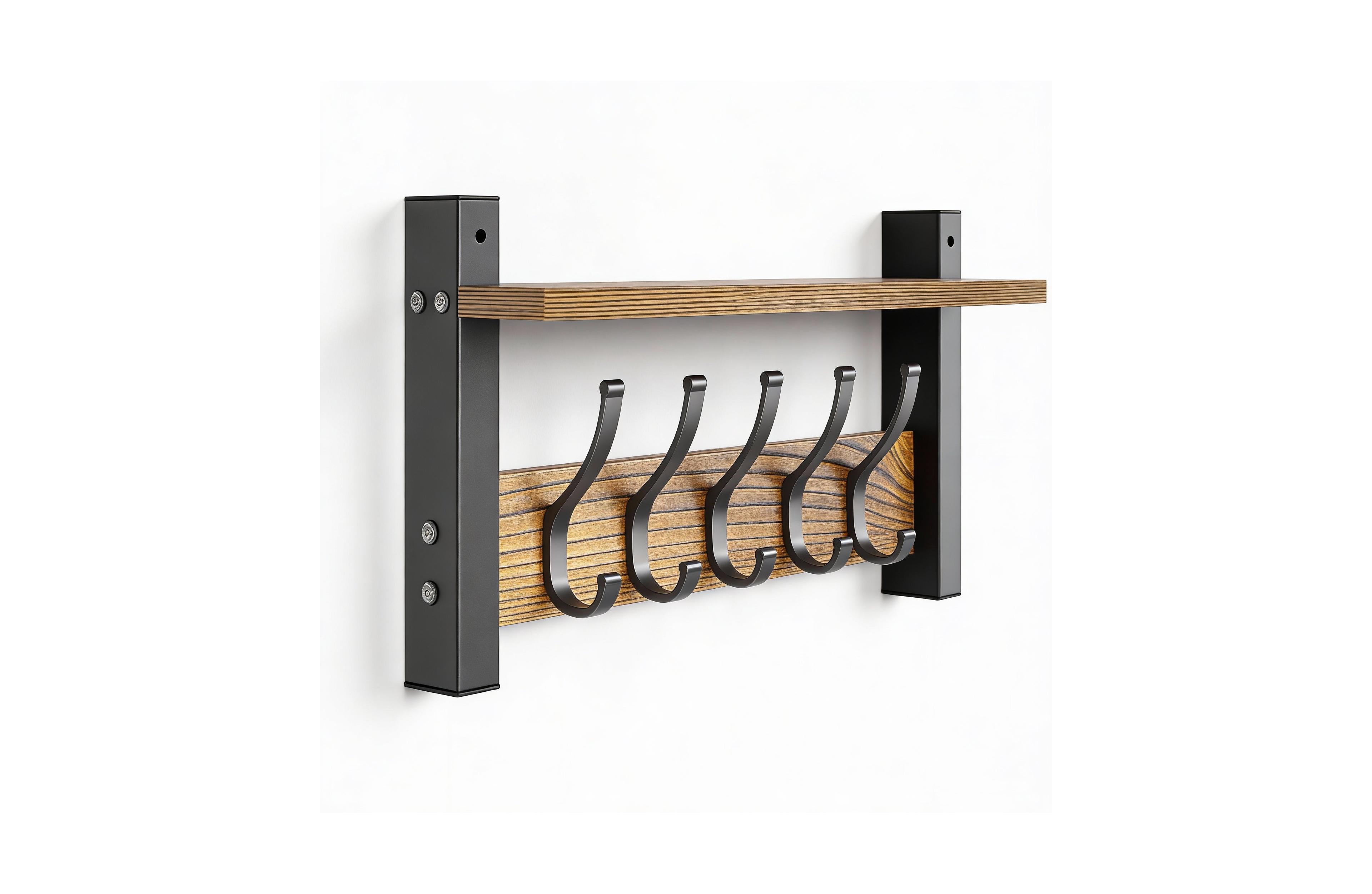 Yigii 5-Hook Wall Rack with Shelf, Vintage Brown, Space-Saving, Easy Diy