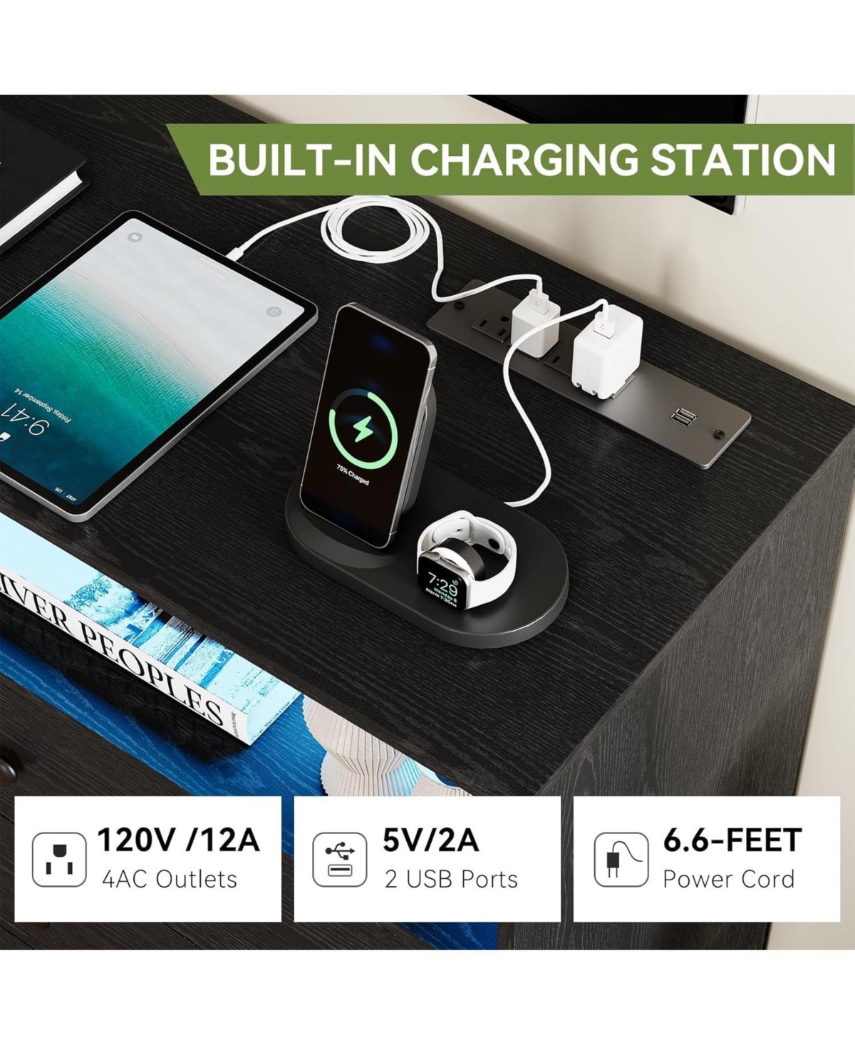 gaomon Dresser for Bedroom with 6 Drawers, Wide Wooden Dresser with Led Light and Charging Station, Large Storage Space, Modern Storage Organizer Unit